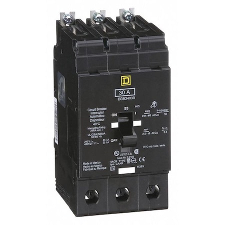 Square D Miniature Circuit Breaker, E FRAME Series, 30A, 3 Pole, 277/480V AC, 65kA at 120V AC EGB34030