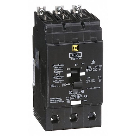 Square D Miniature Circuit Breaker, E FRAME Series, 40A, 3 Pole, 277/480V AC, 65kA at 120V AC EGB34040