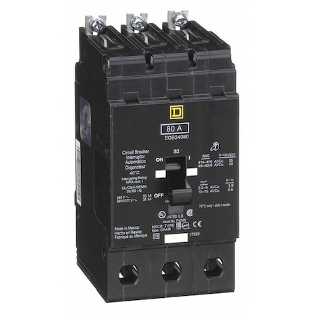 Square D Miniature Circuit Breaker, E FRAME Series, 80A, 3 Pole, 277/480V AC, 65kA at 120V AC EGB34080