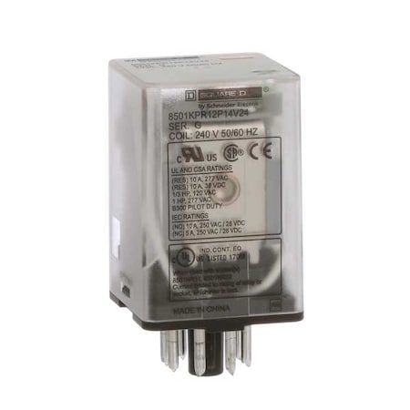 Square D Relay, 240V AC Coil Volts, Octal, 8 Pin, DPDT 8501KPR12P14V24