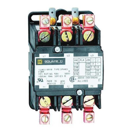 Square D Definite Purpose Magnetic Contactor, 600V AC, 3 P, 3 Phase, Box Lug & Quick Connect 8910DPA43V02Y244