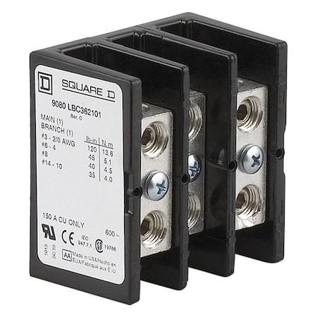 Square D Power Distribution Block, 3 Pole, 150 A Copper, 600 V AC/DC, Surface Mount 9080LBC362101