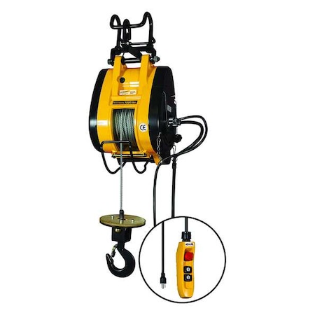 Oz Lifting Products Electric Wire Rope Hoist, 1,000 lb, 90 ft, Hook Mounted - No Trolley, 115V AC, Yellow OBH1000