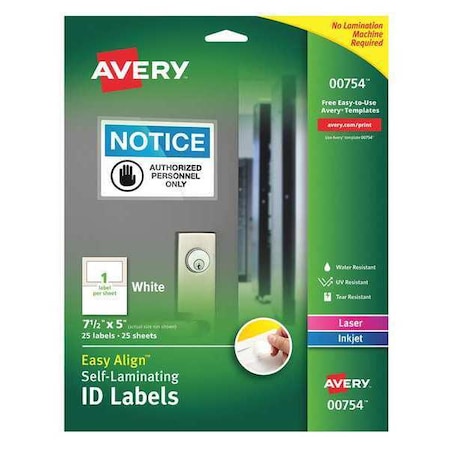 Avery Laser/Inkjet Label, 7 1/2 in Label W, 5 in Label H, 1 Labels per Sheet White 7278200754