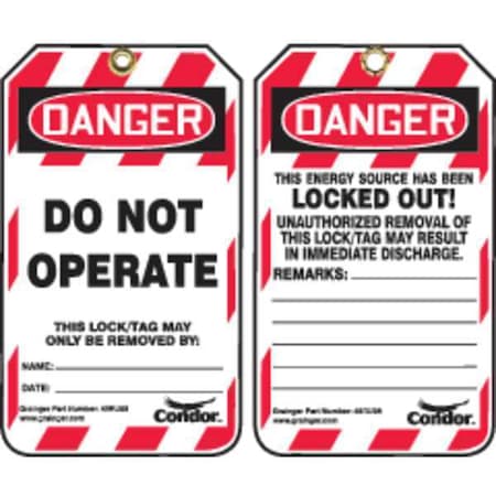 Condor Lockout Tag, Danger Do Not Operate, 3 1/4 in W x 5 3/4 in H, Plastic, Red/White, Pk of 25, PK25 48RU08