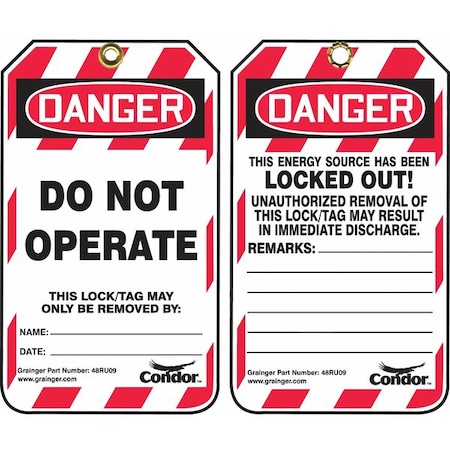 Condor Lockout Tag, Danger, Plastic, 3 1/4 in Width, 5 3/4 in Height, Write On Surface: Yes , 100 PK 48RU09