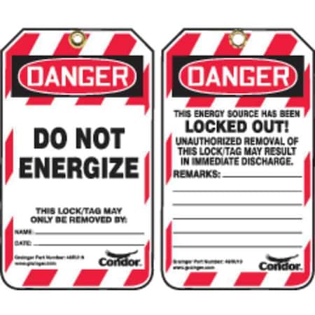 Condor Lockout Tag, Danger, Plastic, 3 1/4 in Width, 5 3/4 in Height, Write On Surface: Yes , 10 PK 48RU19