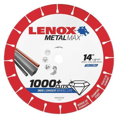 Lenox 14" dia. 130" 1" arbor 4300RPM Chop Saw Circular Saw Blade 1972929