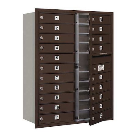 Salsbury Industries Mailbox, Bronze, Powder Coated, 20 Doors, Recessed, 4C, USPS 3711D-20ZFU