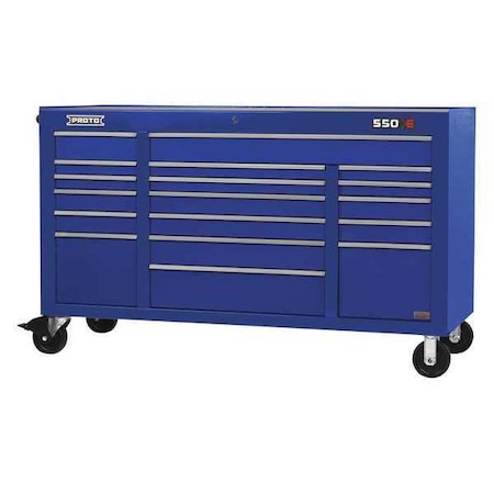 Proto 550E Rolling Tool Cabinet, 18 Drawer, Gloss Blue, Steel, 67 in W x 25 1/4 in D x 41 in H J556741-18BLPD