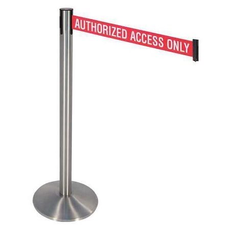 Retracta-Belt Barrier Post with Belt, Gray, 10 ft Length, 40 in Post Height, Authorized Access Only, Satin Chrome 330SASS-AAO