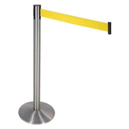 Retracta-Belt Barrier Post with Belt, Gray, 10 ft Length, 40 in Post Height, No Legend, Satin Chrome 330SASS-YW