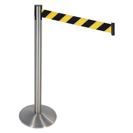 Retracta-Belt Barrier Post with Belt, Silver, 10 ft Length, 40 in Post Height, No Legend, Stainless steel 330SS-BYD