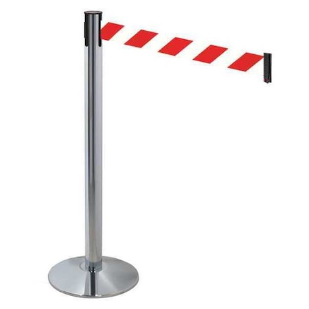 Retracta-Belt Barrier Post with Belt, Gray, 10 ft Length, 40 in Post Height, No Legend, Polished chrome 330PAPC-RWD