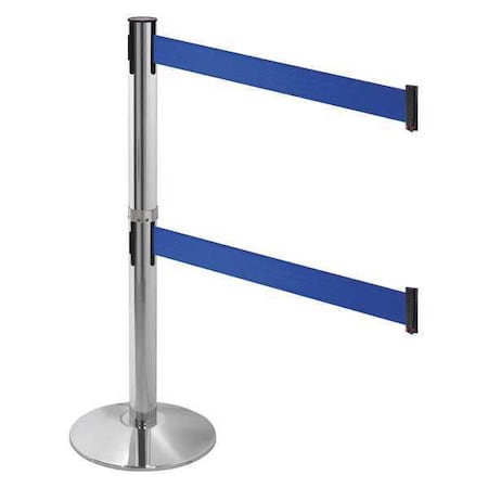 Retracta-Belt Barrier Post with Belt, Gray, 10 ft Length, 40 in Post Height, No Legend, Polished chrome 330DPAPC-BL