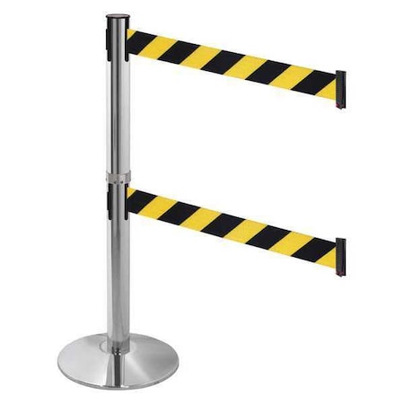 Retracta-Belt Barrier Post with Belt, Gray, 10 ft Length, 40 in Post Height, No Legend, Polished chrome 330DPAPC-BYD