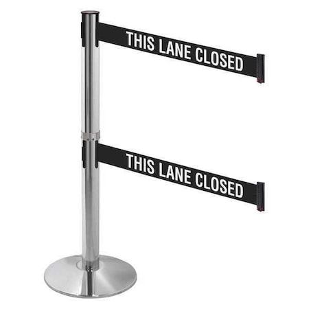 Retracta-Belt Barrier Post with Belt, Gray, 10 ft Length, 40 in Post Height, This Lane Closed, Polished chrome 330DPAPC-TLC