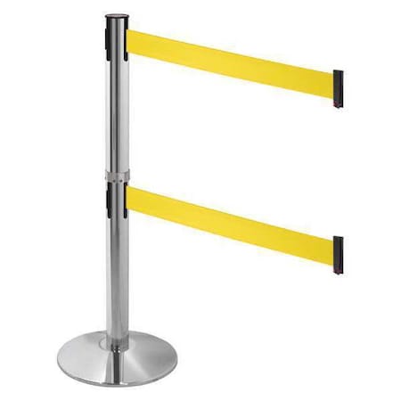 Retracta-Belt Barrier Post with Belt, Gray, 10 ft Length, 40 in Post Height, No Legend, Polished chrome 330DPAPC-YW