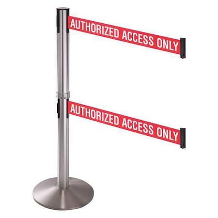 Retracta-Belt Barrier Post with Belt, Gray, 10 ft Length, 40 in Post Height, Authorized Access Only, Satin Chrome 330DSASS-AAO