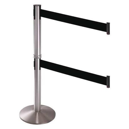 Retracta-Belt Barrier Post with Belt, Gray, 10 ft Length, 40 in Post Height, No Legend, Satin Chrome 330DSASS-BK