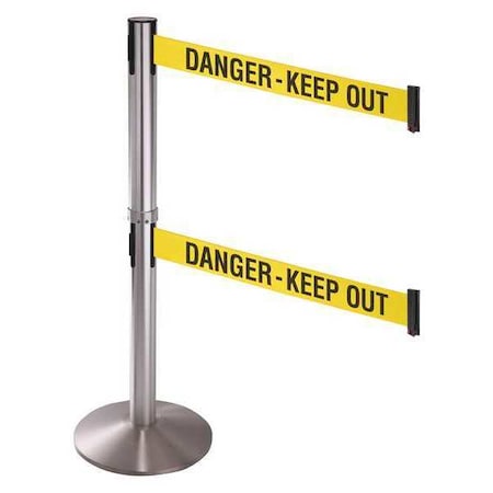 Retracta-Belt Barrier Post with Belt, Gray, 10 ft Length, 40 in Post Height, Danger Keep Out, Satin Chrome 330DSASS-DKO