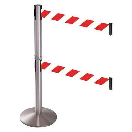 Retracta-Belt Barrier Post with Belt, Gray, 10 ft Length, 40 in Post Height, No Legend, Satin Chrome 330DSASS-RWD