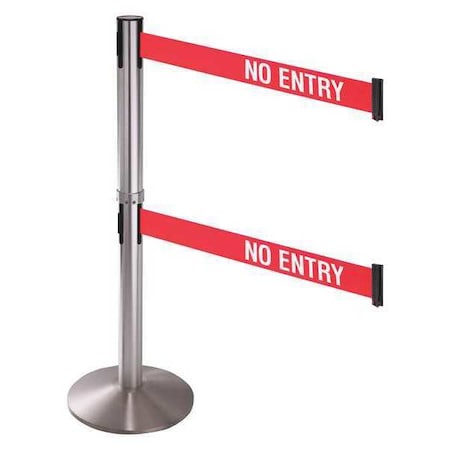 Retracta-Belt Barrier Post with Belt, Silver, 10 ft Length, 40 in Post Height, No Entry, Stainless steel 330DSS-NE