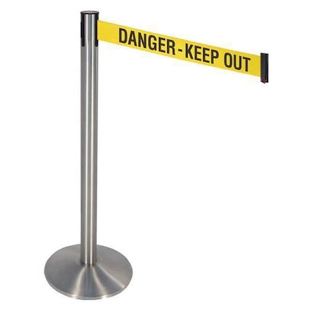 Retracta-Belt Barrier Post with Belt, Silver, 10 ft Length, 40 in Post Height, Danger Keep Out, Stainless steel 330SS-DKO