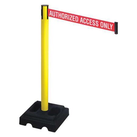 Retracta-Belt Barrier Post with Belt, Yellow, 10 ft Length, 40 in Post Height, Authorized Access Only, Yellow 332YA-AAO