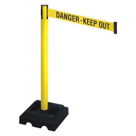 Retracta-Belt Barrier Post with Belt, Yellow, 10 ft Length, 40 in Post Height, Danger Keep Out, Yellow 332YA-DKO