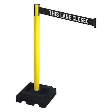 Retracta-Belt Barrier Post with Belt, Yellow, 10 ft Length, 40 in Post Height, This Lane Closed, Yellow 332YA-TLC
