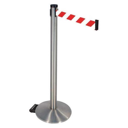Retracta-Belt Barrier Post with Belt, Silver, 10 ft Length, 40 in Post Height, No Legend, Stainless steel 304SS-RWD