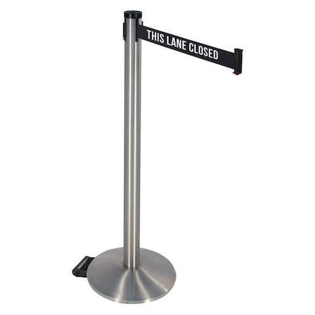 Retracta-Belt Barrier Post with Belt, Silver, 10 ft Length, 40 in Post Height, This Lane Closed, Stainless steel 304SS-TLC