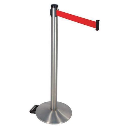 Retracta-Belt Barrier Post with Belt, Gray, 10 ft Length, 40 in Post Height, No Legend, Satin Chrome 304SASS-RD