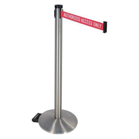 Retracta-Belt Barrier Post with Belt, Silver, 10 ft Length, 40 in Post Height, Authorized Access Only 304SS-AAO