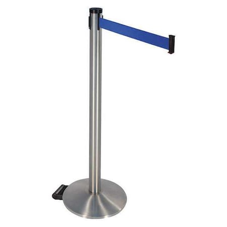 Retracta-Belt Barrier Post with Belt, Silver, 10 ft Length, 40 in Post Height, No Legend, Stainless steel 304SS-BL