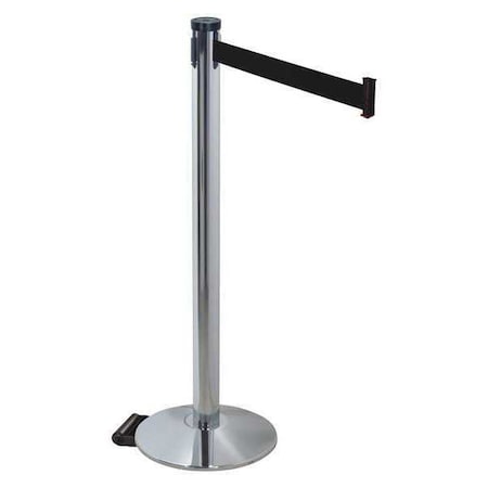 Retracta-Belt Barrier Post with Belt, Gray, 10 ft Length, 40 in Post Height, No Legend, Polished chrome 304PAPC-BK
