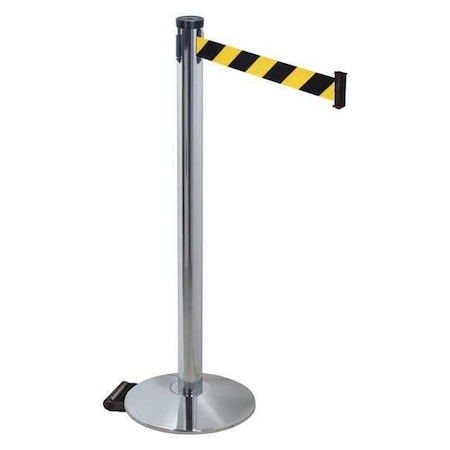 Retracta-Belt Barrier Post with Belt, Gray, 10 ft Length, 40 in Post Height, No Legend, Polished chrome 304PAPC-BYD