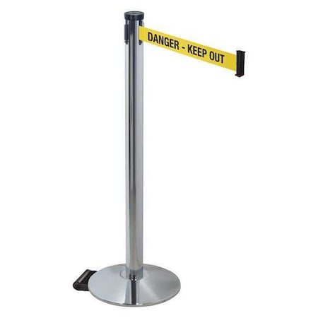 Retracta-Belt Barrier Post with Belt, Gray, 10 ft Length, 40 in Post Height, Danger Keep Out, Polished chrome 304PAPC-DKO