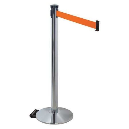 Retracta-Belt Barrier Post with Belt, Gray, 10 ft Length, 40 in Post Height, No Legend, Polished chrome 304PAPC-FO