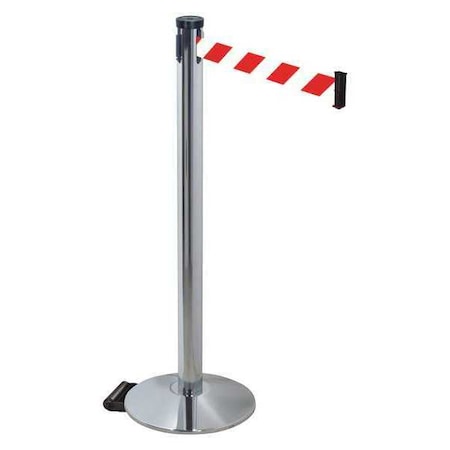Retracta-Belt Barrier Post with Belt, Gray, 10 ft Length, 40 in Post Height, No Legend, Polished chrome 304PAPC-RWD