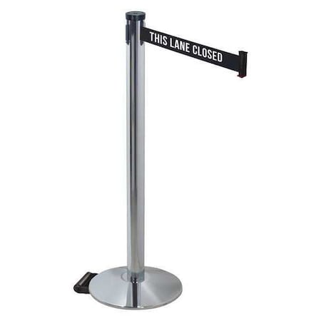 Retracta-Belt Barrier Post with Belt, Gray, 10 ft Length, 40 in Post Height, This Lane Closed, Polished chrome 304PAPC-TLC