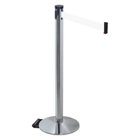 Retracta-Belt Barrier Post with Belt, Gray, 10 ft Length, 40 in Post Height, No Legend, Polished chrome 304PAPC-WH