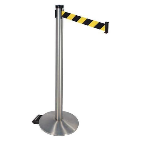 Retracta-Belt Barrier Post with Belt, Gray, 10 ft Length, 40 in Post Height, No Legend, Satin Chrome 304SASS-BYD
