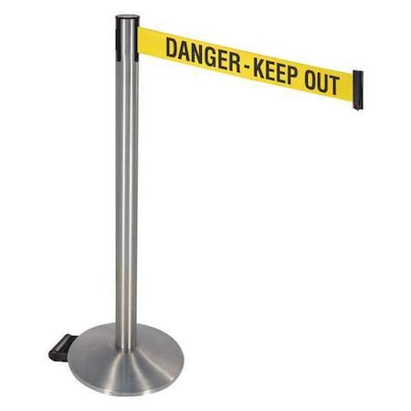 Retracta-Belt Barrier Post with Belt, Gray, 10 ft Length, 40 in Post Height, Danger Keep Out, Satin Chrome 334SASS-DKO