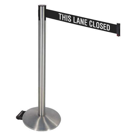 Retracta-Belt Barrier Post with Belt, Gray, 10 ft Length, 40 in Post Height, This Lane Closed, Satin Chrome 334SASS-TLC