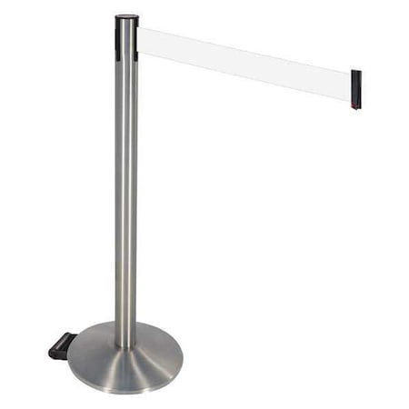 Retracta-Belt Barrier Post with Belt, Gray, 10 ft Length, 40 in Post Height, No Legend, Satin Chrome 334SASS-WH