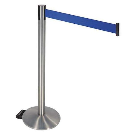 Retracta-Belt Barrier Post with Belt, Silver, 10 ft Length, 40 in Post Height, No Legend, Stainless steel 334SS-BL
