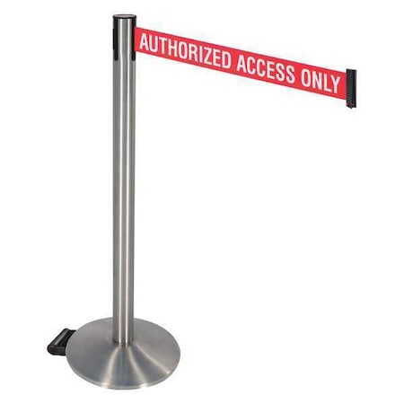 Retracta-Belt Barrier Post with Belt, Gray, 10 ft Length, 40 in Post Height, Authorized Access Only, Satin Chrome 334SASS-AAO