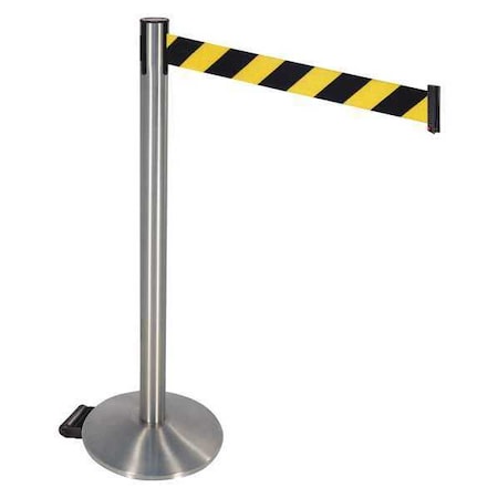 Retracta-Belt Barrier Post with Belt, Gray, 10 ft Length, 40 in Post Height, No Legend, Satin Chrome 334SASS-BYD
